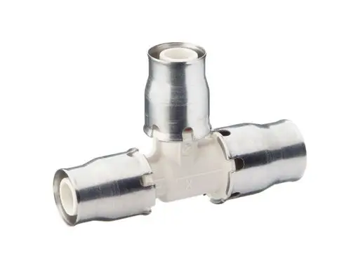 T-Stück aus PPSU mit Metallbeschichtung, für Rohrverbindungen in Heizungs- oder Sanitäranlagen. Produkt von Fränkische zur sicheren Verbindung von Alpex-Rohren.